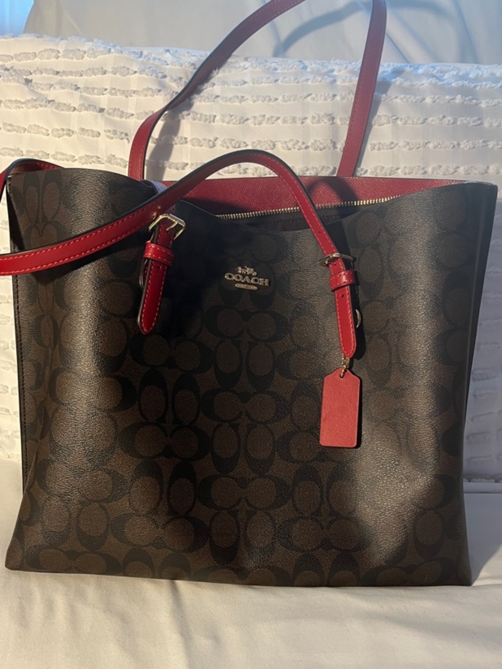 Coach Signature Canvas Tote with Red Trim and Straps